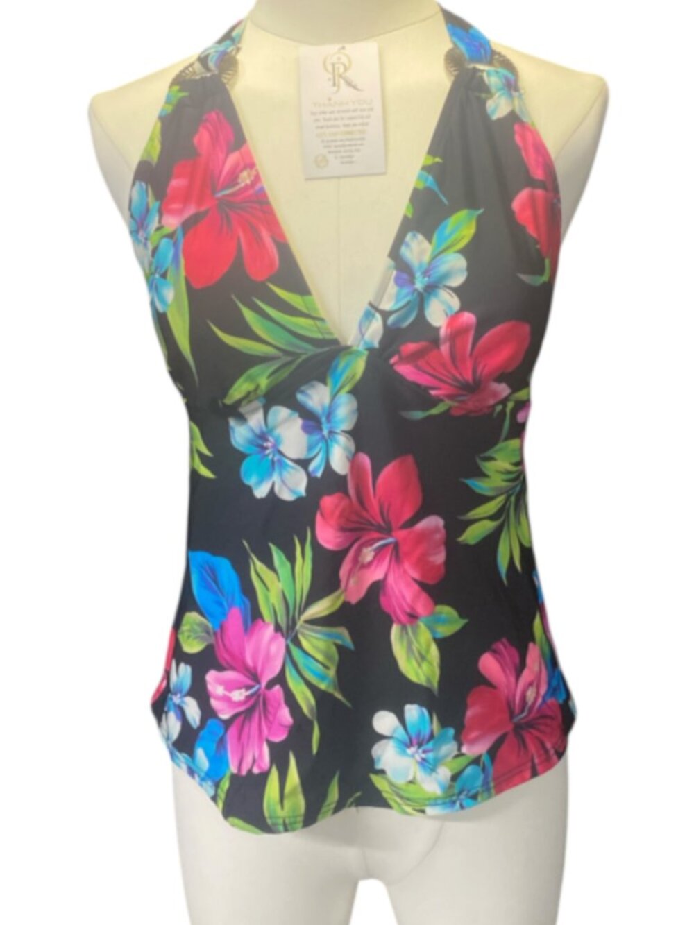 Caribean Joe Swim top Black Floral Size L/14